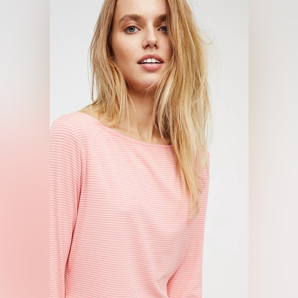 NWOT Free People Outside The Lines Stripped Long Sleeve Lounge Top Pink Medium - Picture 3 of 11